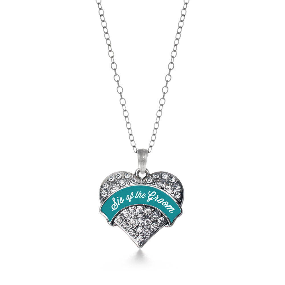 Silver Dark Teal Sis of Groom Pave Heart Charm Classic Necklace