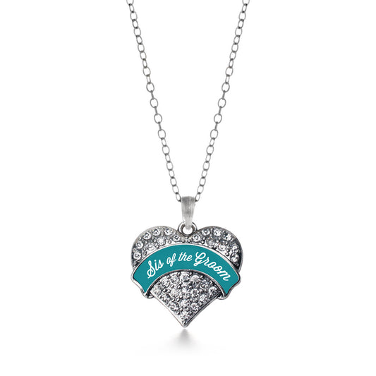 Silver Dark Teal Sis of Groom Pave Heart Charm Classic Necklace