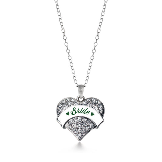 Silver Forest Green Bride Pave Heart Charm Classic Necklace