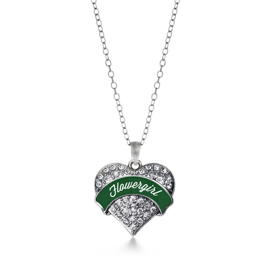 Silver Forest Green Flower Girl Pave Heart Charm Classic Necklace