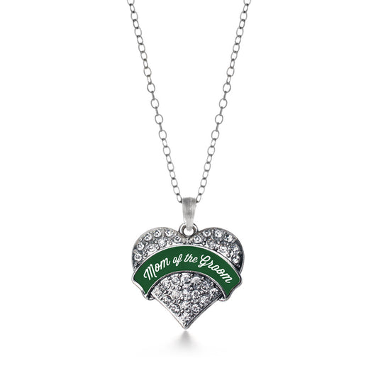Silver Forest Green Mom of Groom Pave Heart Charm Classic Necklace