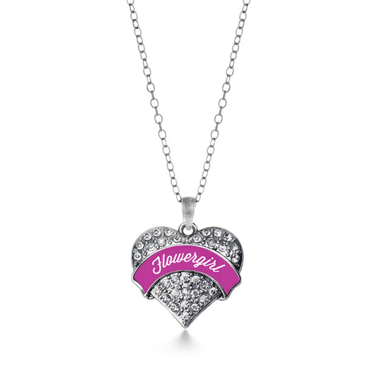 Silver Magenta Flower Girl Pave Heart Charm Classic Necklace