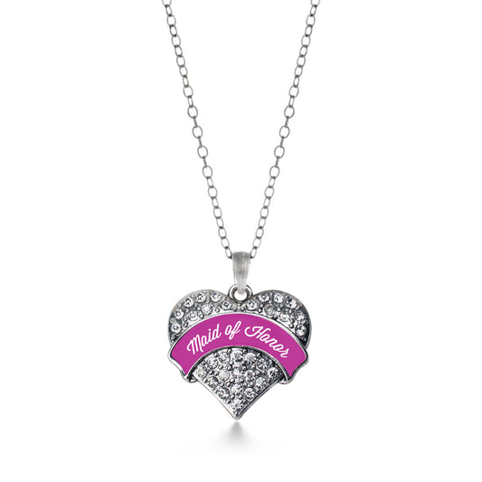 Silver Magenta Maid of Honor Pave Heart Charm Classic Necklace