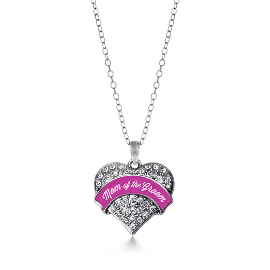 Silver Magenta Mom of Groom Pave Heart Charm Classic Necklace
