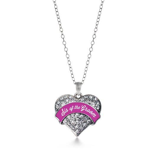 Silver Magenta Sis of Groom Pave Heart Charm Classic Necklace