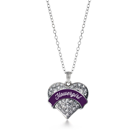 Silver Plum Flower Girl Pave Heart Charm Classic Necklace