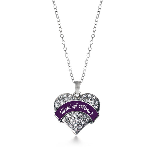Silver Plum Maid of Honor Pave Heart Charm Classic Necklace