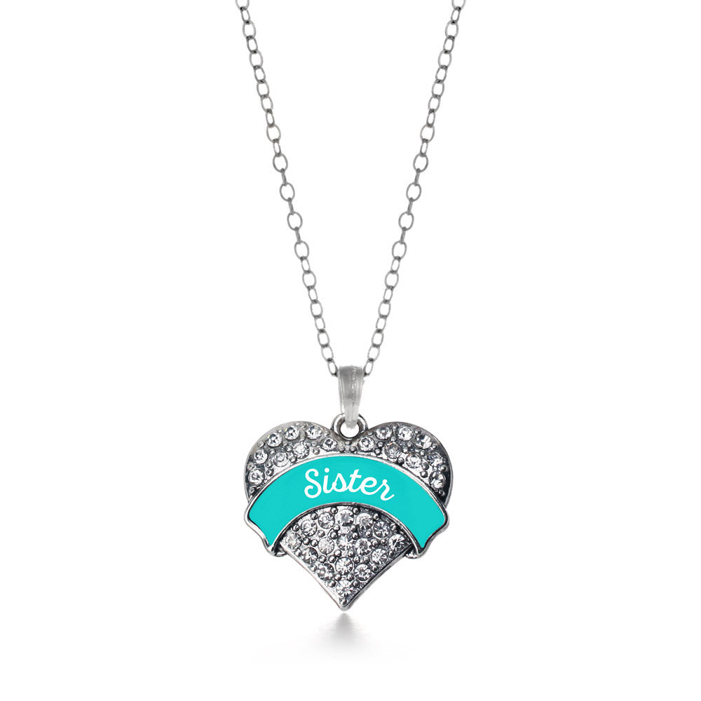 Silver Teal Sister Pave Heart Charm Classic Necklace