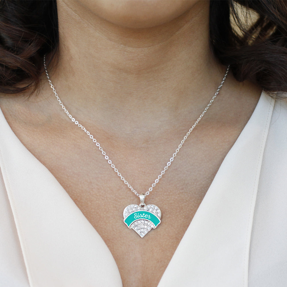 Silver Teal Sister Pave Heart Charm Classic Necklace