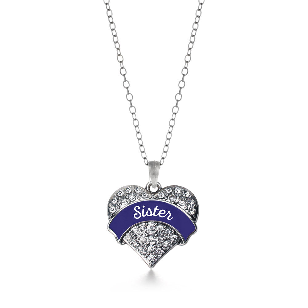 Silver Navy Blue Sister Pave Heart Charm Classic Necklace