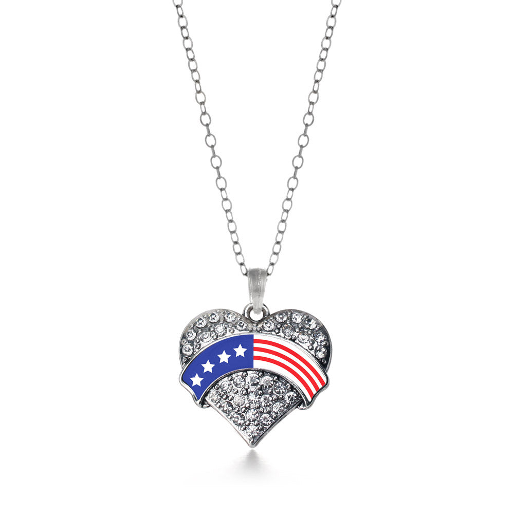 Silver American Flag Pave Heart Charm Classic Necklace