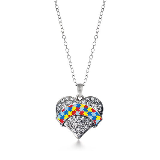 Silver Autism Awareness Pave Heart Charm Classic Necklace