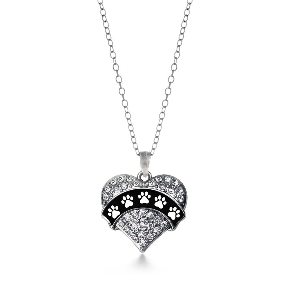 Silver Cute Paw Prints Pave Heart Charm Classic Necklace