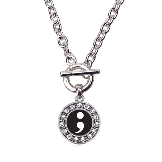 Silver Semicolon Movement Circle Charm Toggle Necklace