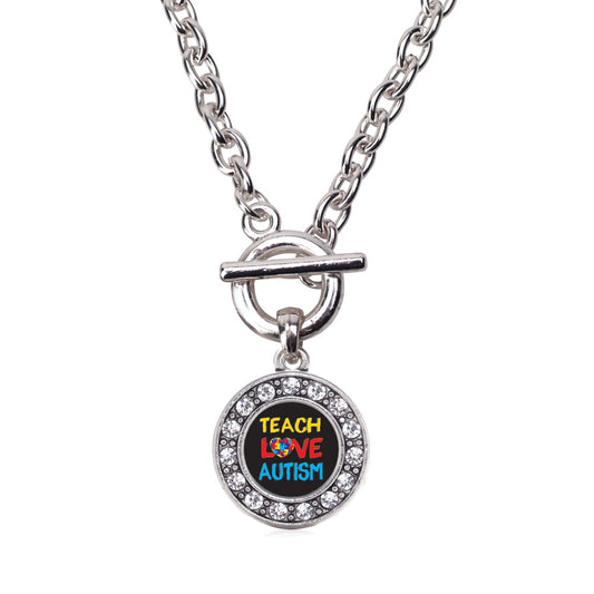 Silver Teach Love Autism Awareness Circle Charm Toggle Necklace
