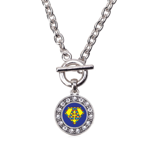 Silver Super Autism Awareness Circle Charm Toggle Necklace