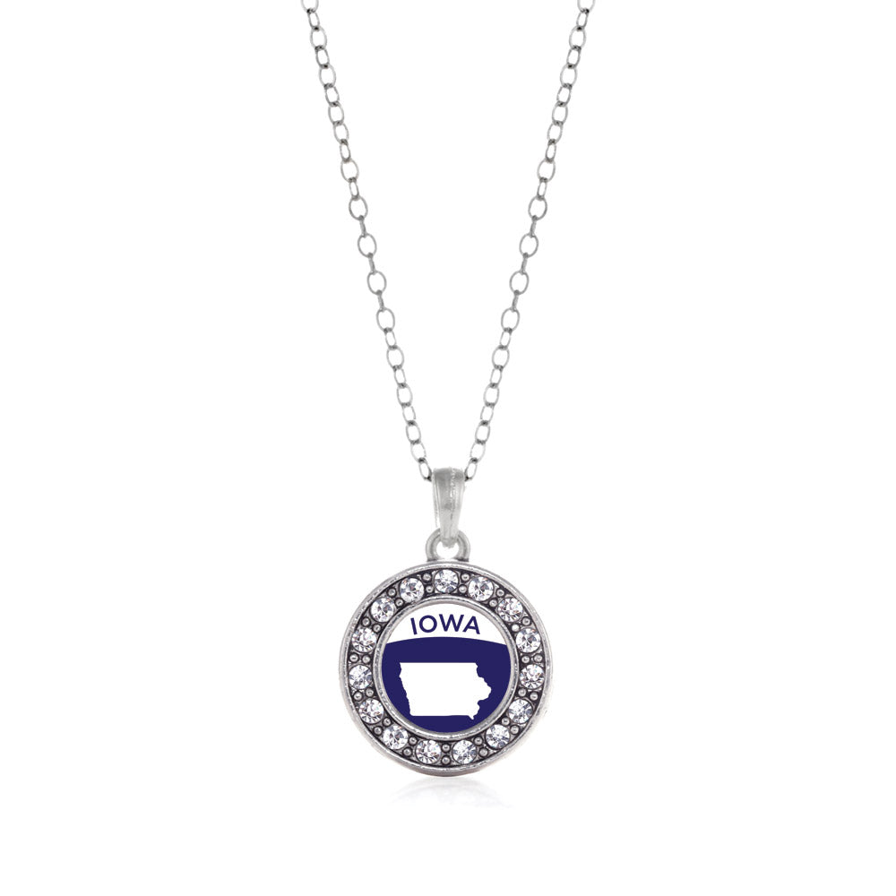Silver Iowa Outline Circle Charm Classic Necklace