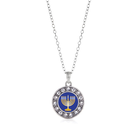 Silver Menorah Circle Charm Classic Necklace