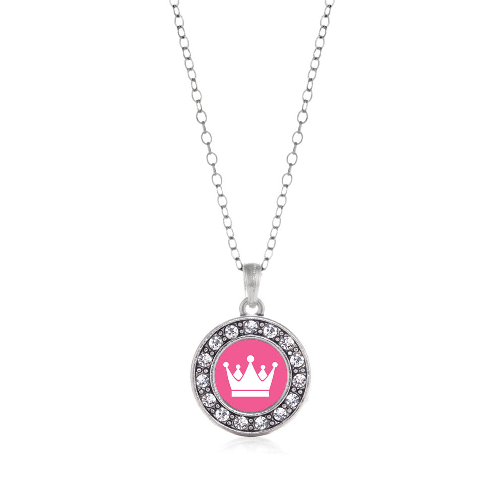 Silver Pink Princess Circle Charm Classic Necklace