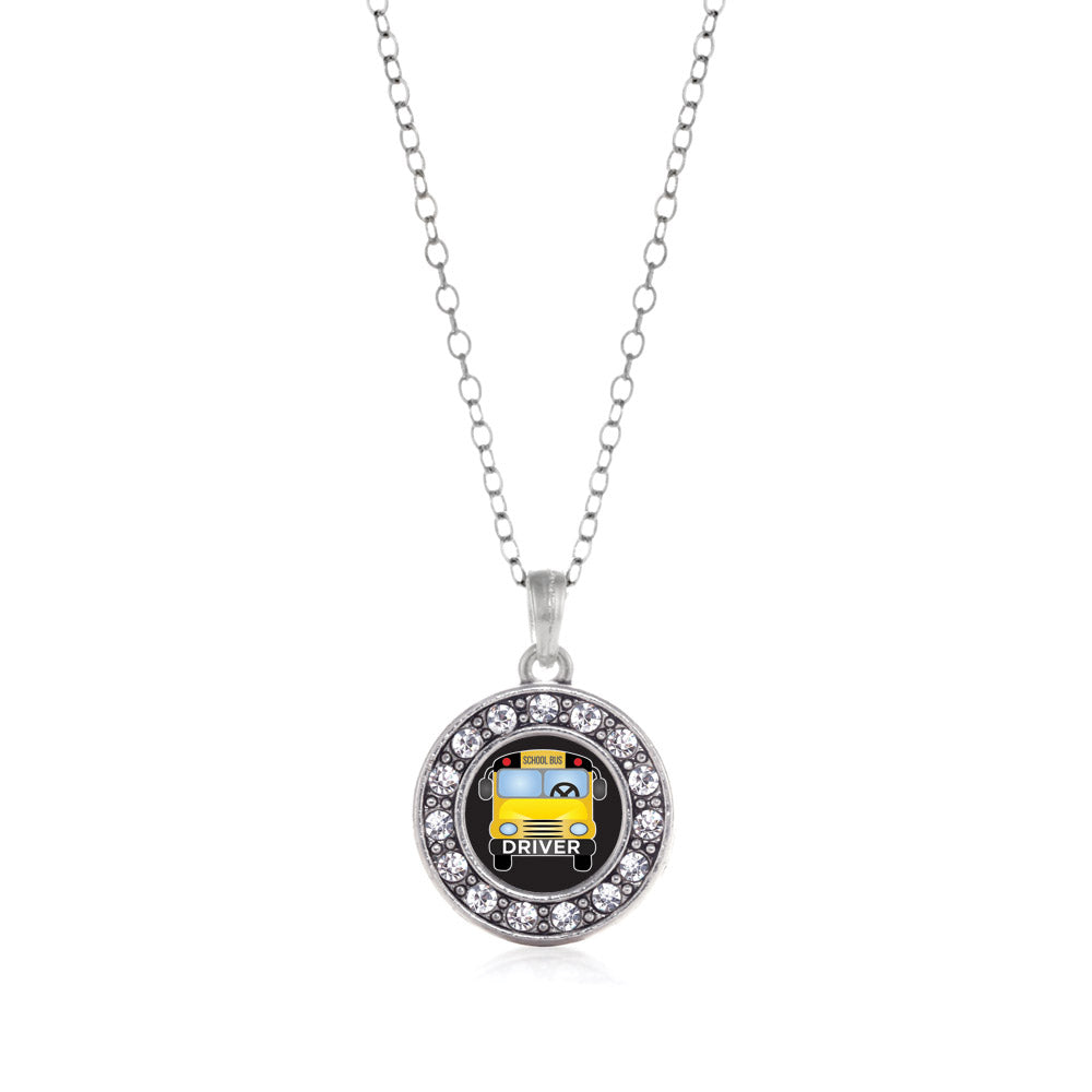 Silver School Bus Circle Charm Classic Necklace