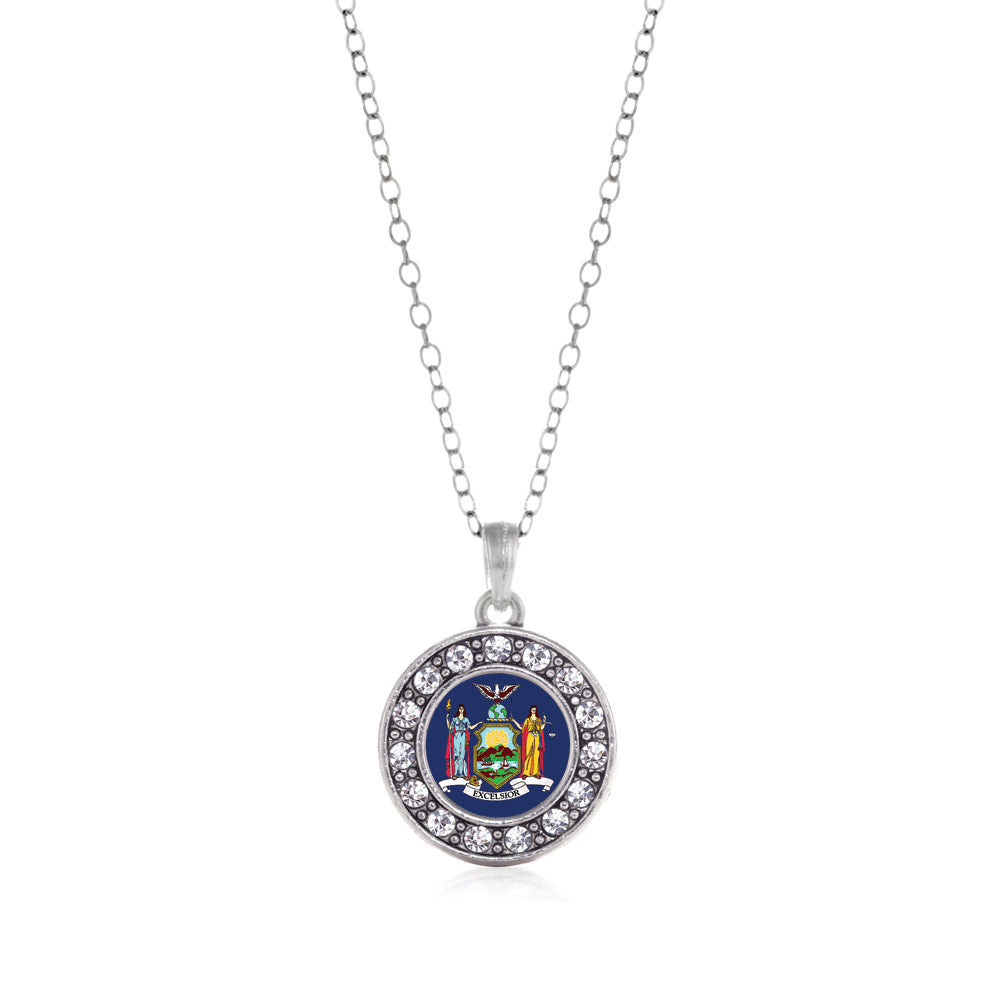 Silver New York Flag Circle Charm Classic Necklace