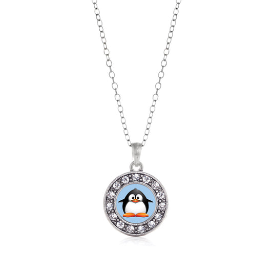 Silver Penguin Circle Charm Classic Necklace