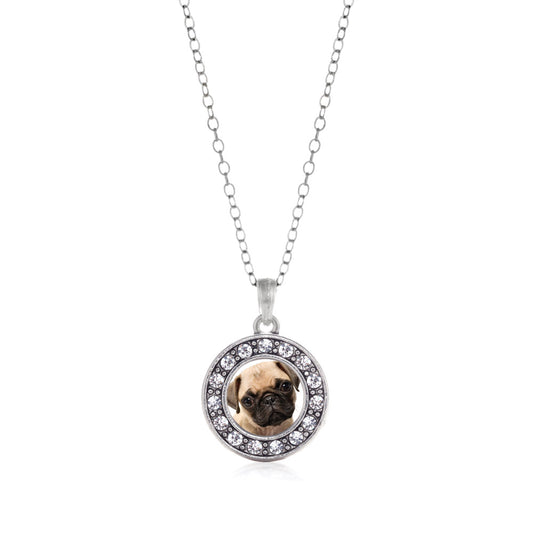 Silver Pug Circle Charm Classic Necklace