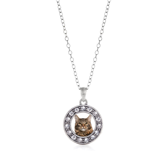 Silver Maine Coon Cat Circle Charm Classic Necklace