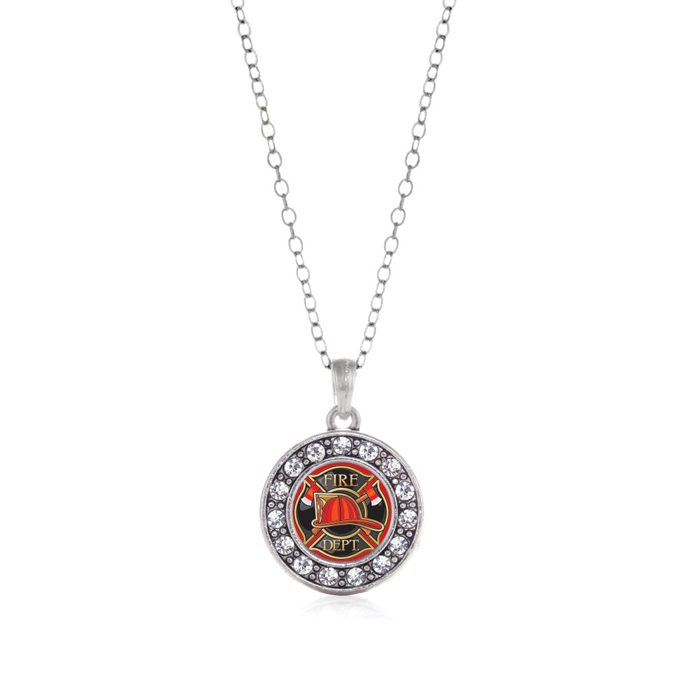 Silver Fire Department Badge Circle Charm Classic Necklace