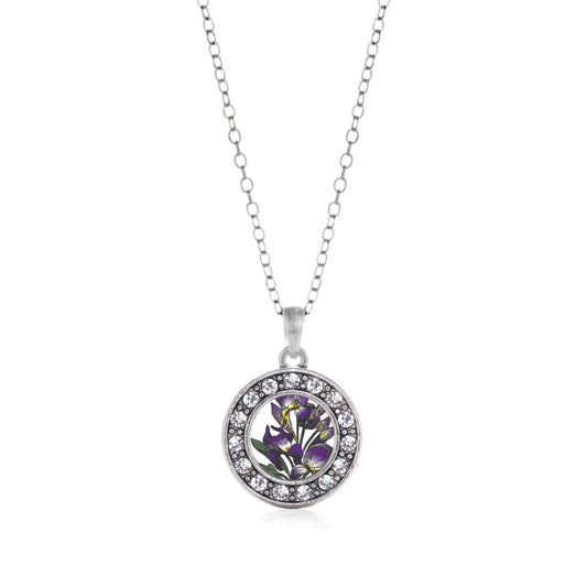 Silver Iris Flower Circle Charm Classic Necklace