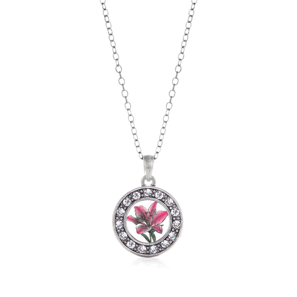 Silver Lily Flower Circle Charm Classic Necklace