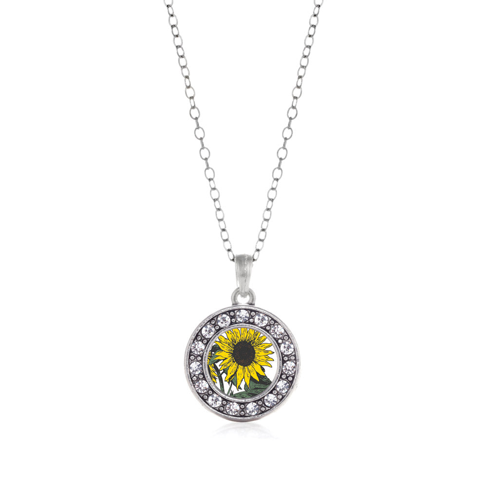 Silver Sunflower Circle Charm Classic Necklace