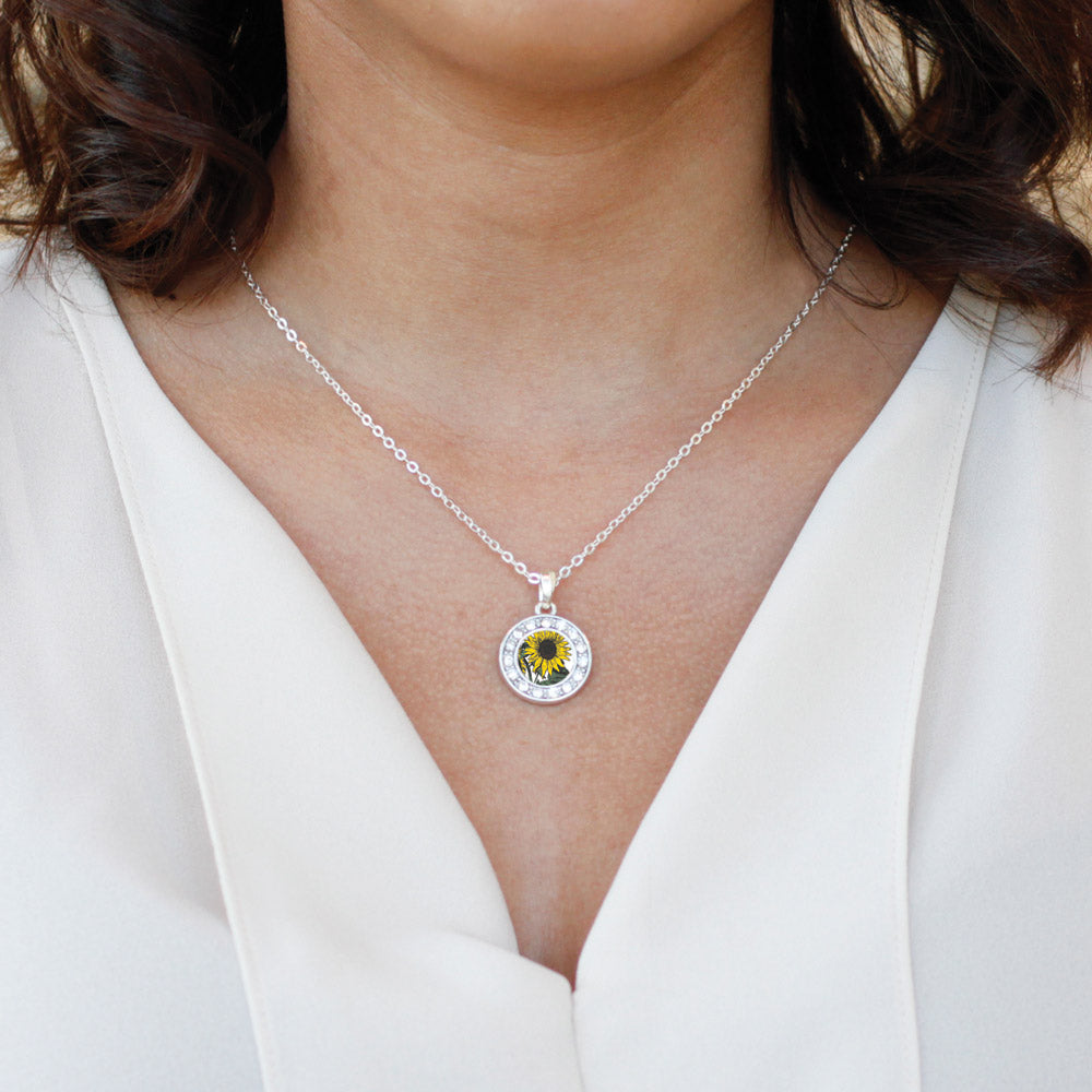 Silver Sunflower Circle Charm Classic Necklace