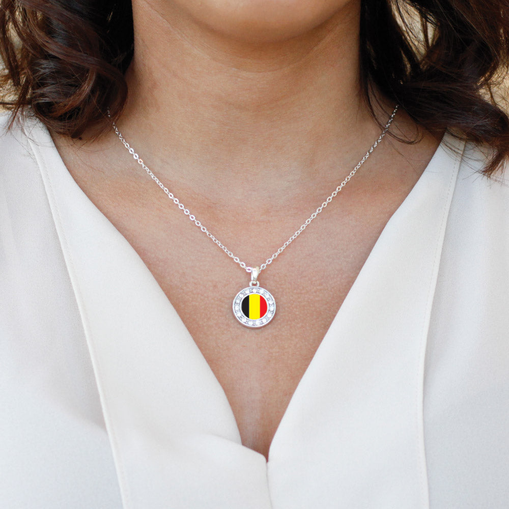 Silver Belgium Flag Circle Charm Classic Necklace