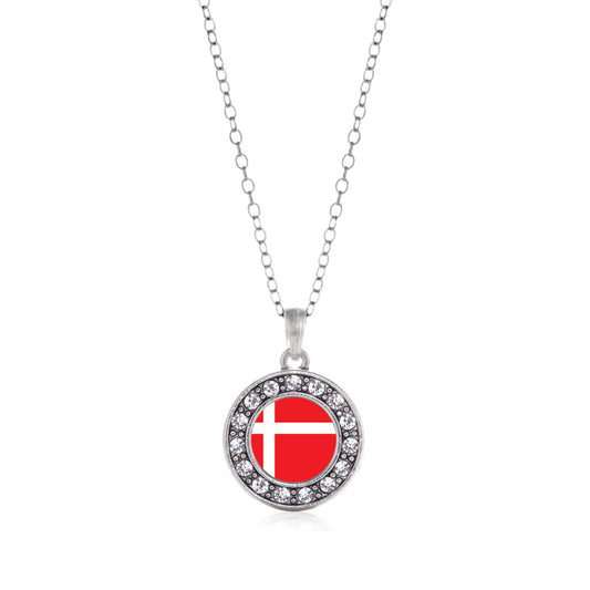 Silver Denmark Flag Circle Charm Classic Necklace