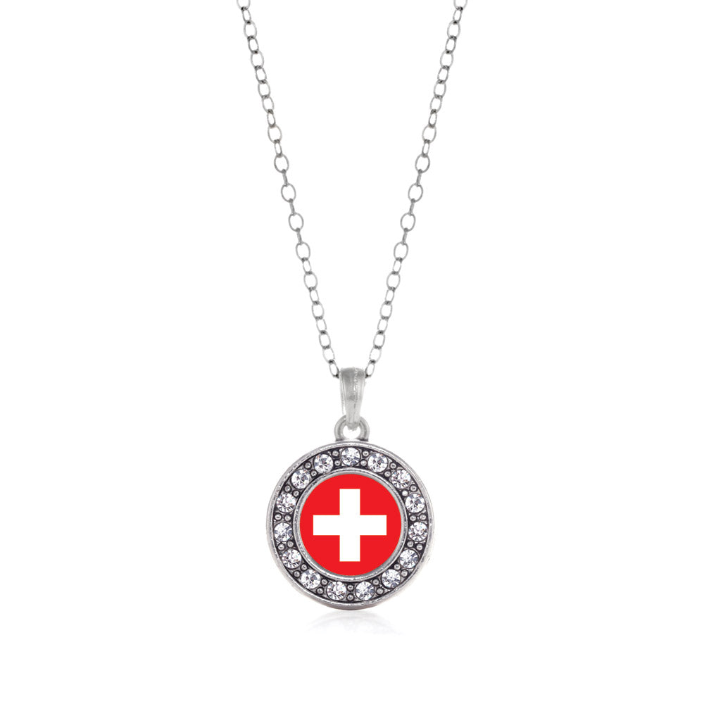 Silver Switzerland Flag Circle Charm Classic Necklace