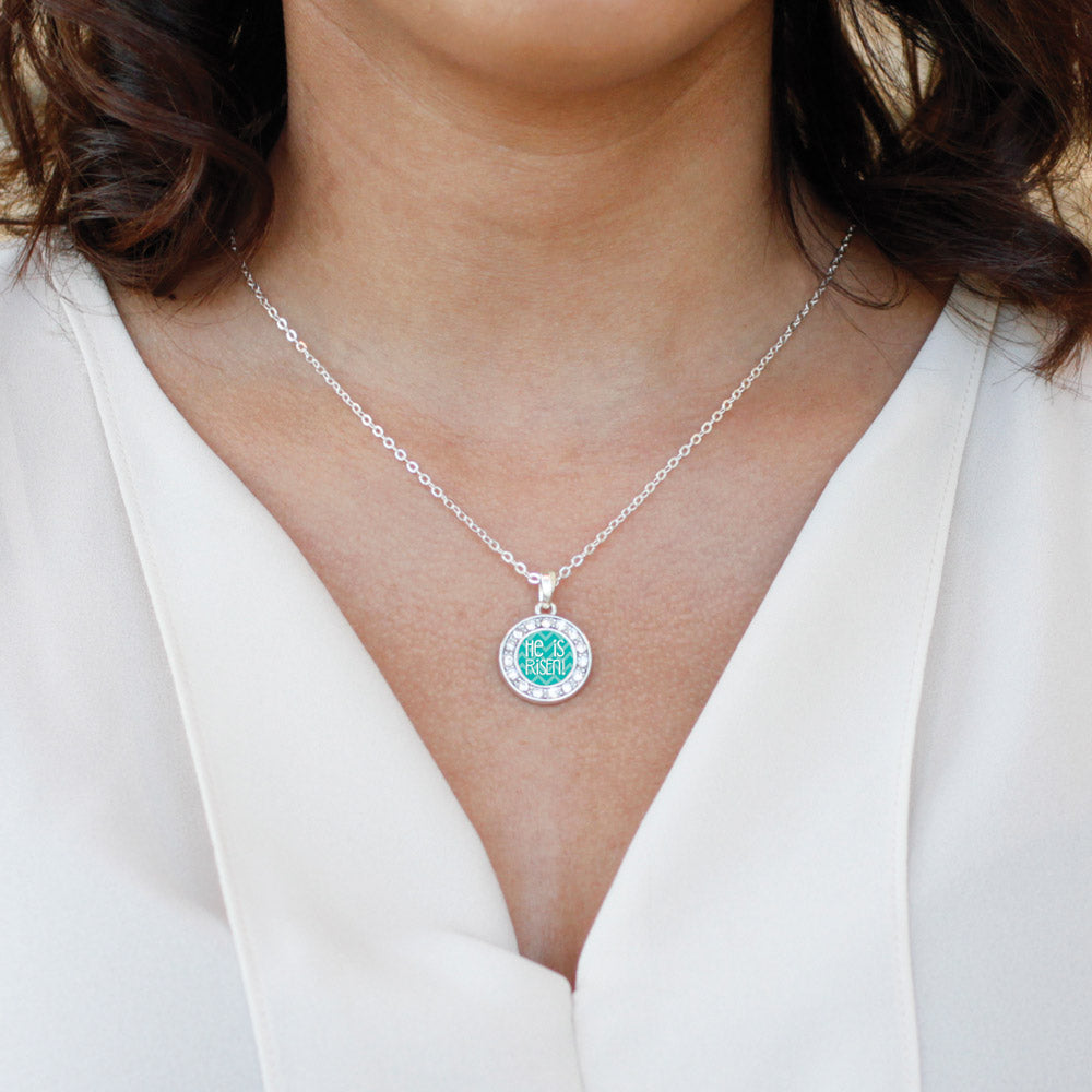 Silver He is Risen Teal Chevron Patterned Circle Charm Classic Necklace