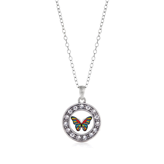 Silver Autism Awareness Butterfly Circle Charm Classic Necklace