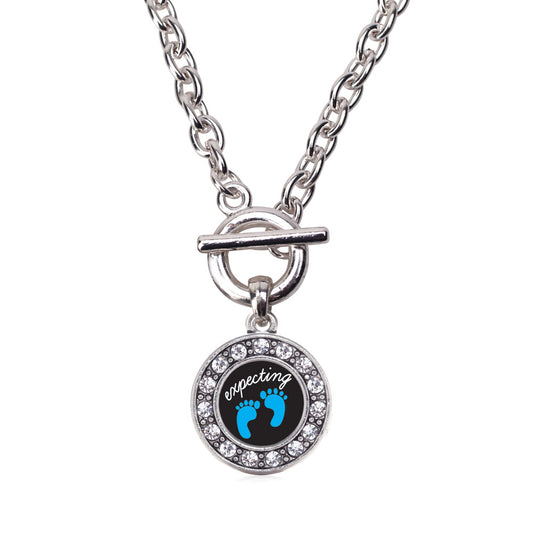 Silver Expecting A Boy Footprints Circle Charm Toggle Necklace