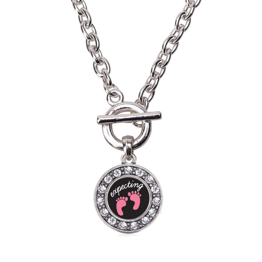 Silver Expecting A Girl Footprints Circle Charm Toggle Necklace