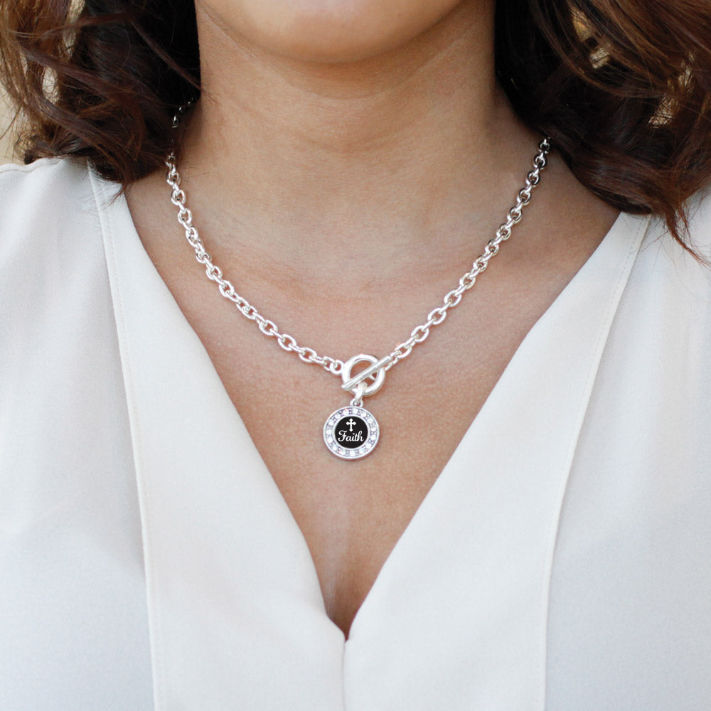 Silver Faith Circle Charm Toggle Necklace