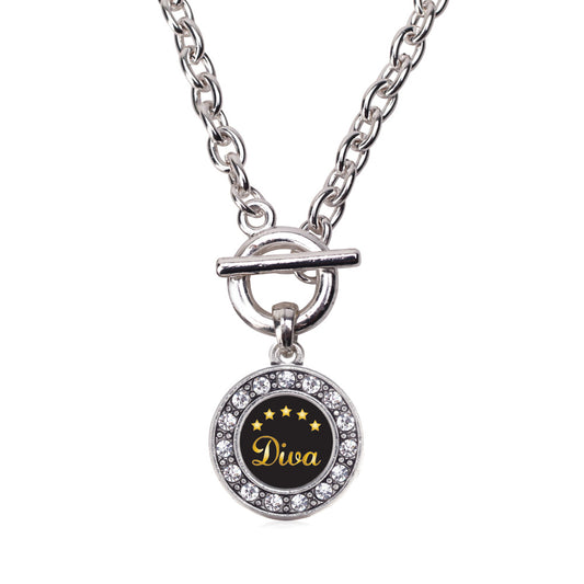 Silver Five Star Diva Circle Charm Toggle Necklace