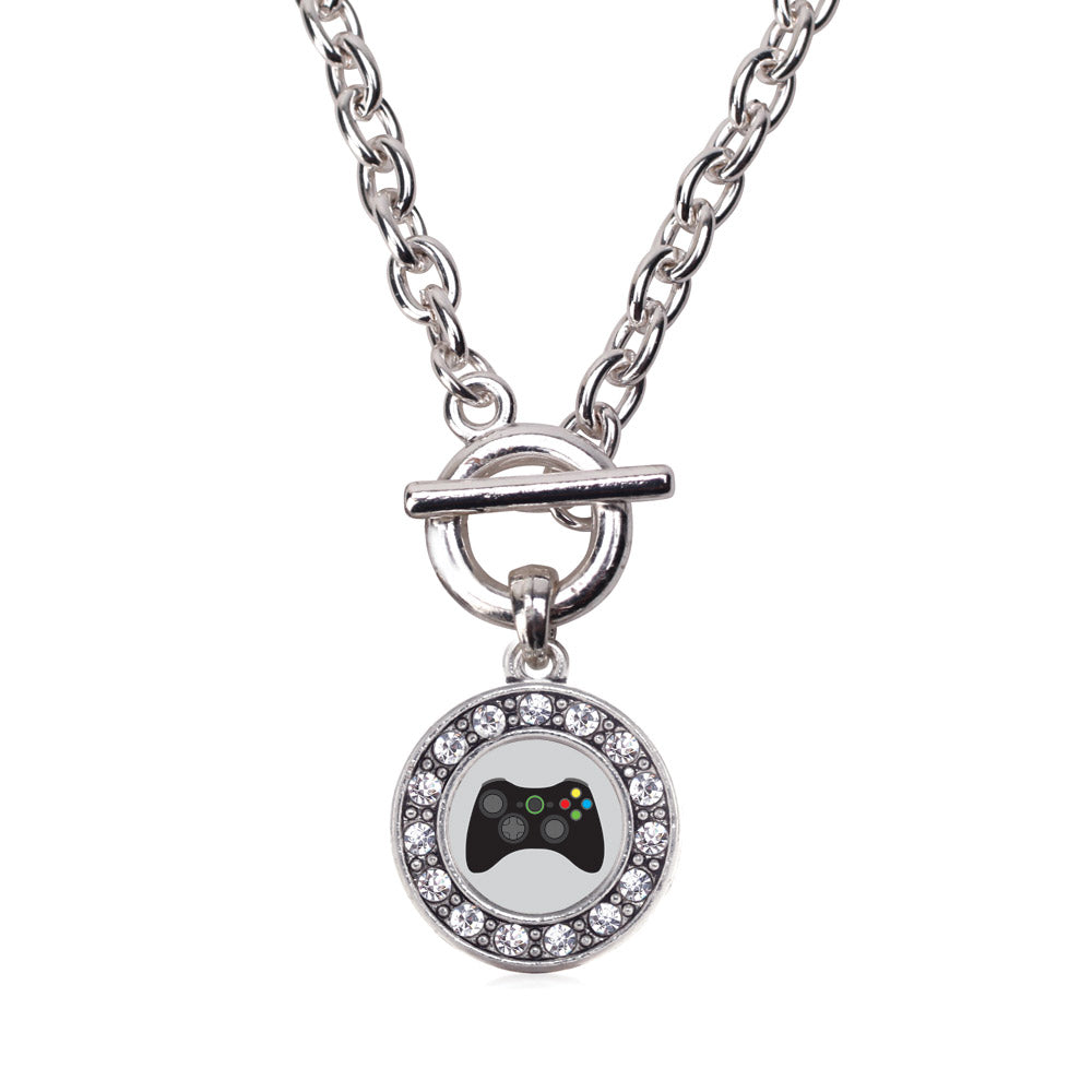 Silver Gamer Girl Circle Charm Toggle Necklace