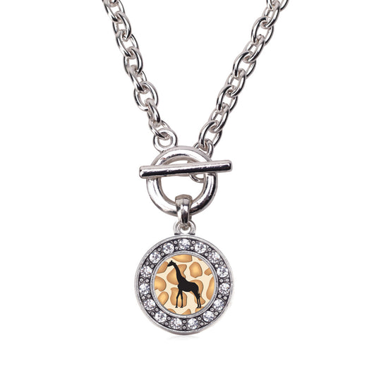 Silver Giraffe Silhouette Circle Charm Toggle Necklace