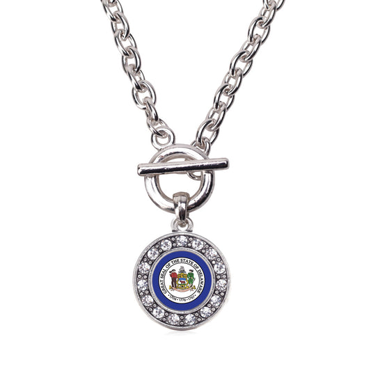 Silver Delaware Flag Circle Charm Toggle Necklace