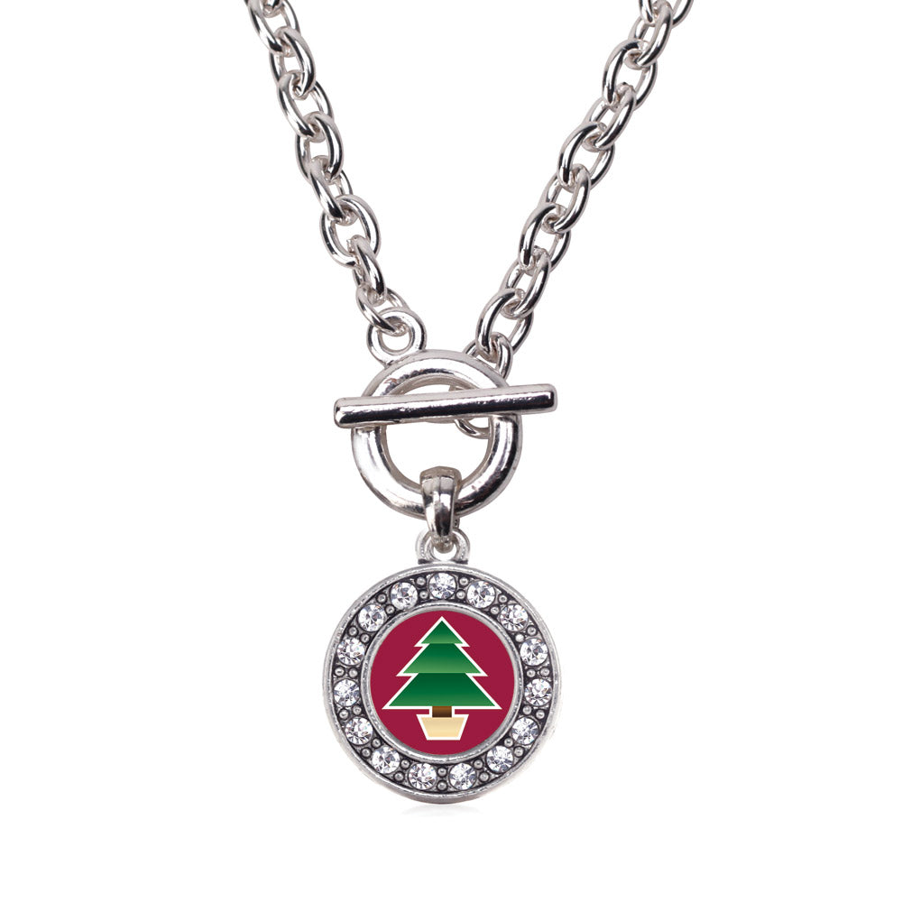 Silver Holiday Tree Circle Charm Toggle Necklace