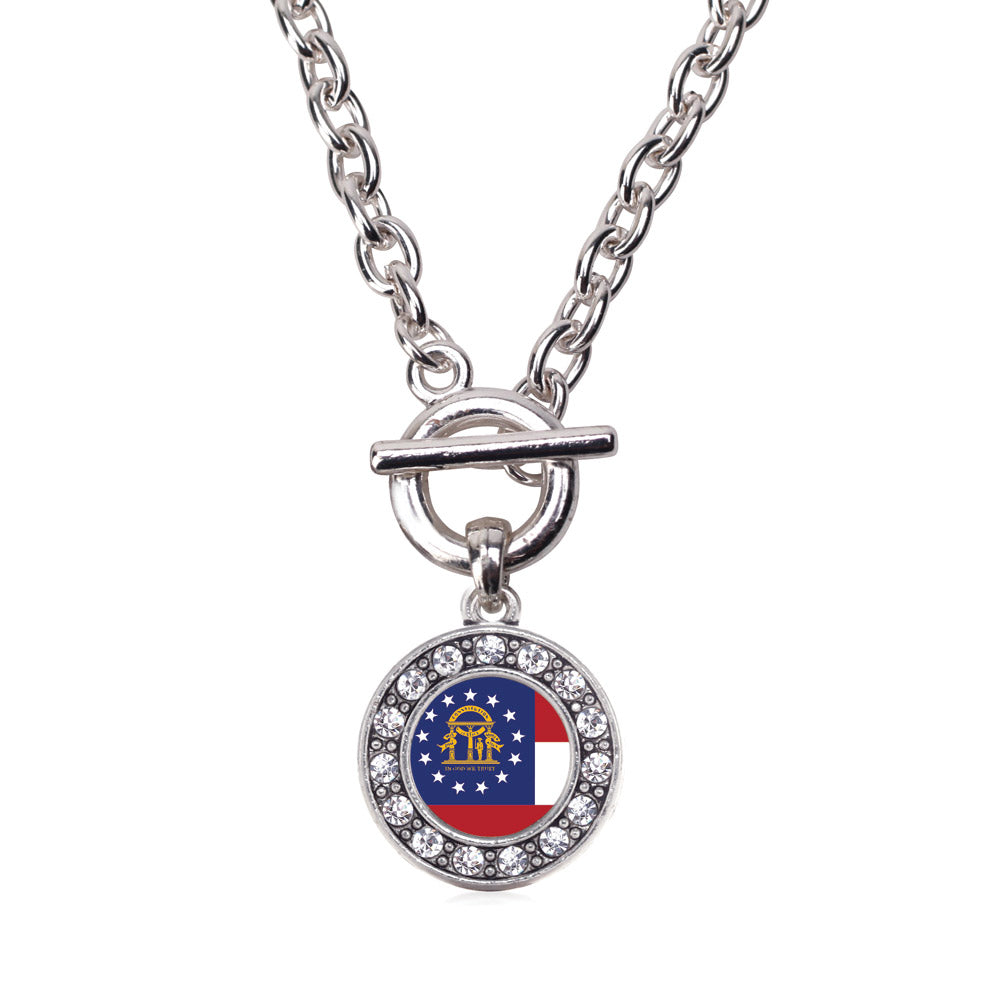 Silver Georgia Flag Circle Charm Toggle Necklace