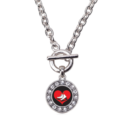 Silver I Heart Ice Skating Circle Charm Toggle Necklace