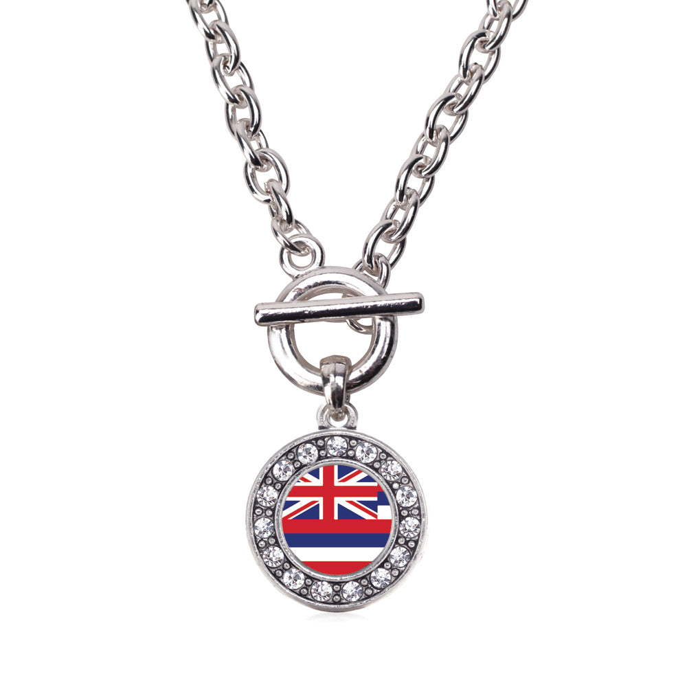 Silver Hawaii Flag Circle Charm Toggle Necklace