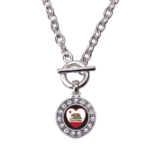Silver California Heart Flag Circle Charm Toggle Necklace